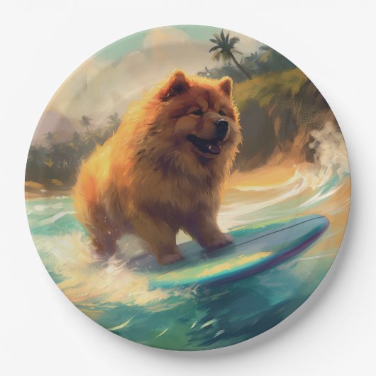 Chow Chow Beach Surfen Schilderij Papieren Bordje (Voorkant)