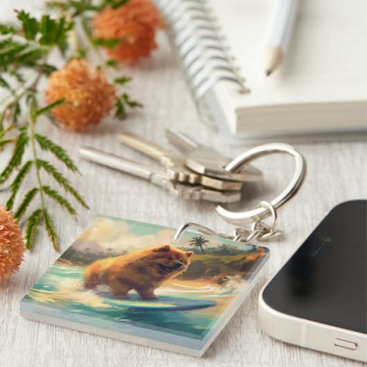 Chow Chow Beach Surfen Schilderij Sleutelhanger (Voorkant Rechts)
