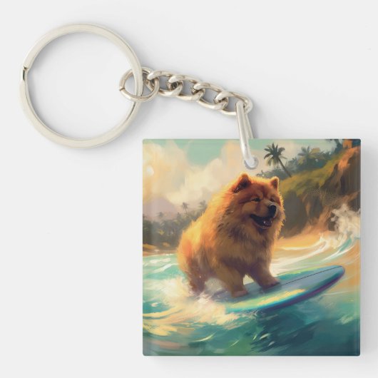 Chow Chow Beach Surfen Schilderij Sleutelhanger (Voorkant)