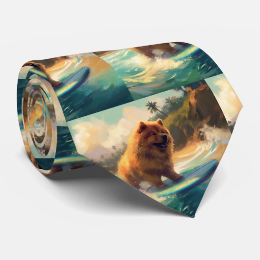Chow Chow Beach Surfen Schilderij Stropdas (Opgerold)