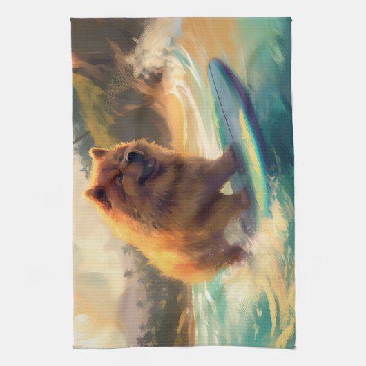 Chow Chow Beach Surfen Schilderij Theedoek (Verticaal)