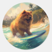 Chow Chow Beach Surfing Schilderij Ronde Sticker (Voorkant)