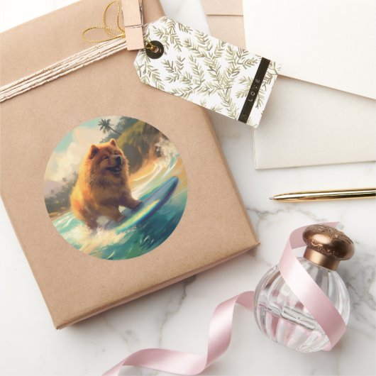 Chow Chow Beach Surfing Schilderij Ronde Sticker (Geschenken)