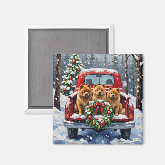 Chow Chow Christmas Red Truck Holiday Magneet (Voorkant / Achterkant)