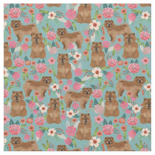 Chow Chow dog  florals blauw Stof (Close Up)