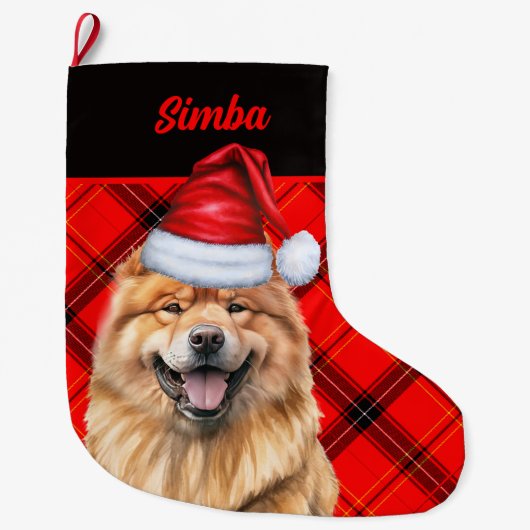 Chow Chow Dog Holiday Red Plaid Gepersonaliseerd Grote Kerstsok (Voorkant)