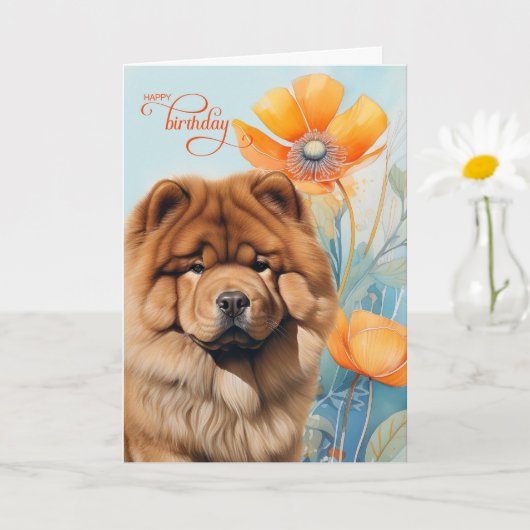 Chow Chow Dog in an Orange Poppy Garden Birthday Kaart (Kleine Plant)