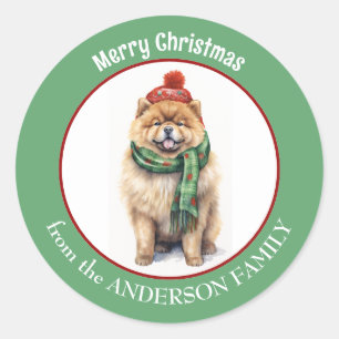 Chow Chow Dog in Groene Kerstsjaal en Rood Pet Ronde Sticker