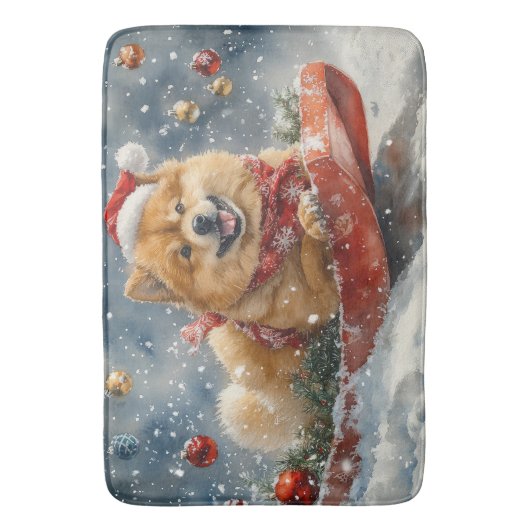 Chow Chow Dog in Sledge Laat het Sneeuw Kerstmis Badmat (Voorkant Verticaal)