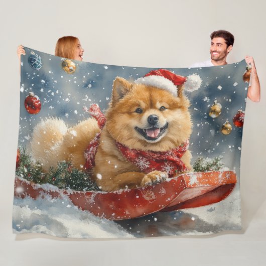 Chow Chow Dog in Sledge Laat het Sneeuw Kerstmis Fleece Deken (In situ)