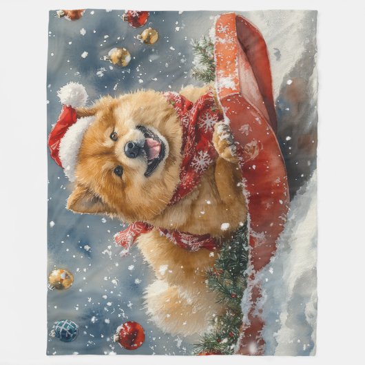 Chow Chow Dog in Sledge Laat het Sneeuw Kerstmis Fleece Deken (Voorkant)