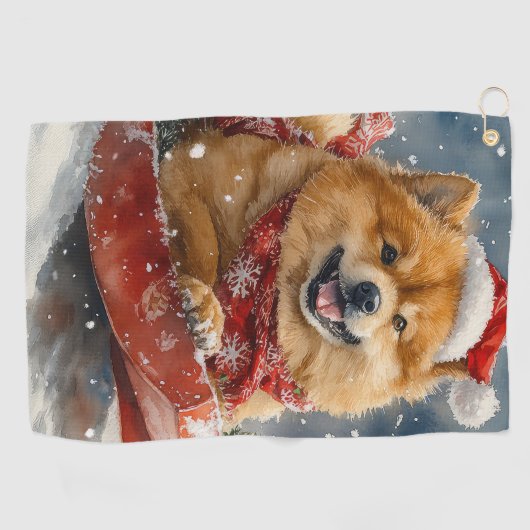 Chow Chow Dog in Sledge Laat het Sneeuw Kerstmis Golfhanddoek (Horizontaal)