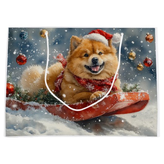 Chow Chow Dog in Sledge Laat het Sneeuw Kerstmis Groot Cadeauzakje (Voorkant)