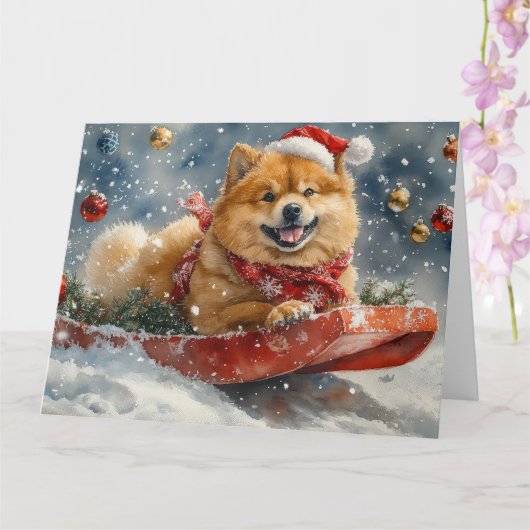 Chow Chow Dog in Sledge Laat het Sneeuw Kerstmis Kaart (Orchidee)