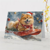 Chow Chow Dog in Sledge Laat het Sneeuw Kerstmis Kaart (Gele Bloem)