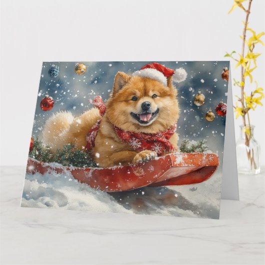 Chow Chow Dog in Sledge Laat het Sneeuw Kerstmis Kaart (Gele Bloem)