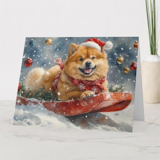 Chow Chow Dog in Sledge Laat het Sneeuw Kerstmis Kaart (Voorkant)