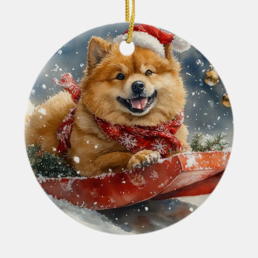 Chow Chow Dog in Sledge Laat het Sneeuw Kerstmis Keramisch Ornament (Voorkant)
