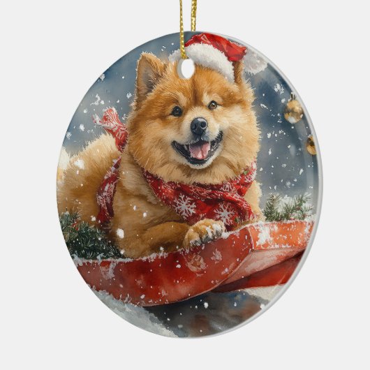 Chow Chow Dog in Sledge Laat het Sneeuw Kerstmis Keramisch Ornament (Links)