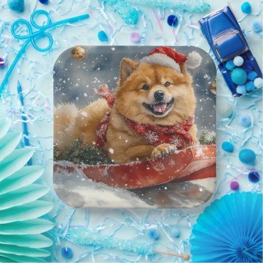 Chow Chow Dog in Sledge Laat het Sneeuw Kerstmis Papieren Bordje (Feest)