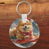 Chow Chow Dog in Sledge Laat het Sneeuw Kerstmis Sleutelhanger (Voorkant)