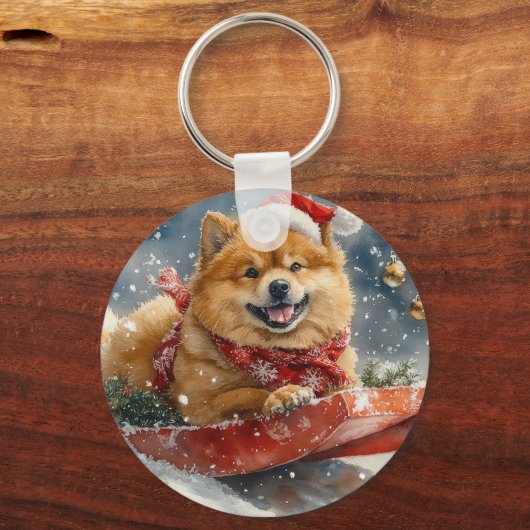 Chow Chow Dog in Sledge Laat het Sneeuw Kerstmis Sleutelhanger (Voorkant)