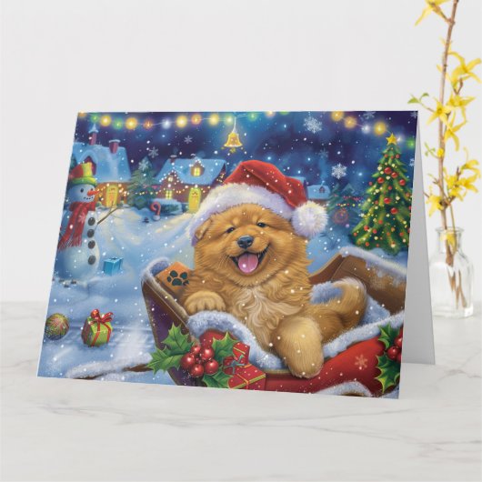 Chow Chow Dog in Sleigh Sneeuw Kerstmis Kaart (Gele Bloem)