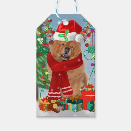 Chow Chow Dog in sneeuw met kerstcadeautjes Cadeaulabel (Voorkant)