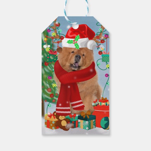 Chow Chow Dog in sneeuw met kerstcadeautjes Cadeaulabel (Achterkant)
