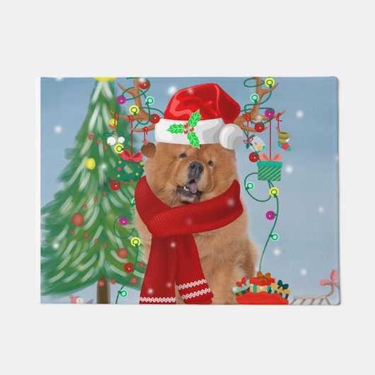 Chow Chow Dog in sneeuw met kerstcadeautjes Deurmat (Voorkant)