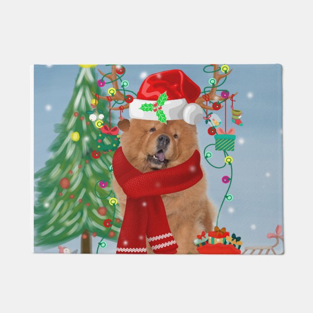 Chow Chow Dog in sneeuw met kerstcadeautjes Deurmat (Voorkant)