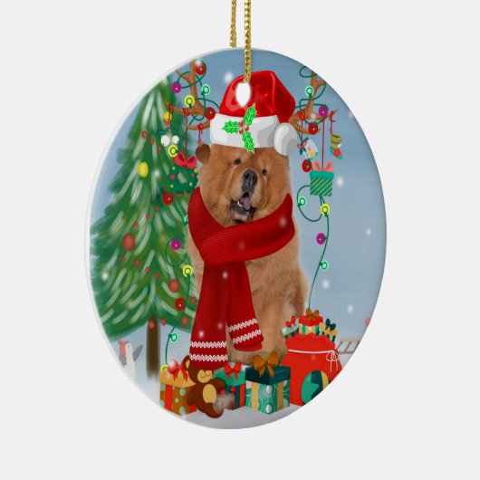 Chow Chow Dog in sneeuw met kerstcadeautjes Keramisch Ornament (Rechts)