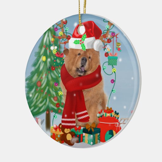 Chow Chow Dog in sneeuw met kerstcadeautjes Keramisch Ornament (Links)