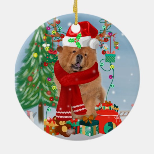Chow Chow Dog in sneeuw met kerstcadeautjes Keramisch Ornament (Achterkant)