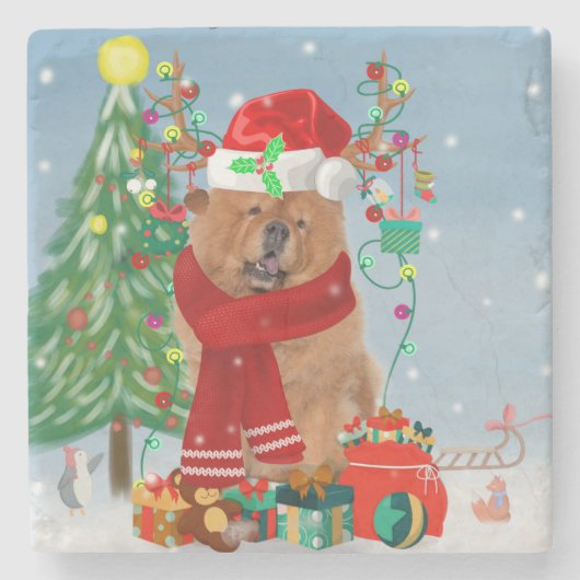 Chow Chow Dog in sneeuw met kerstcadeautjes Stenen Onderzetter (Voorkant)
