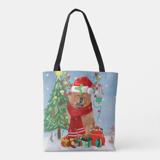 Chow Chow Dog in sneeuw met kerstcadeautjes Tote Bag (Achterkant)
