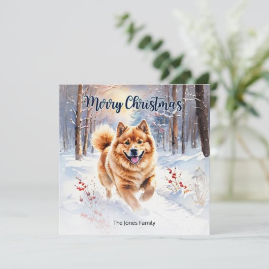 Chow Chow Dog In Snow Waterverf Vrolijk Kerstfeest Feestdagenkaart (Staand voorkant)