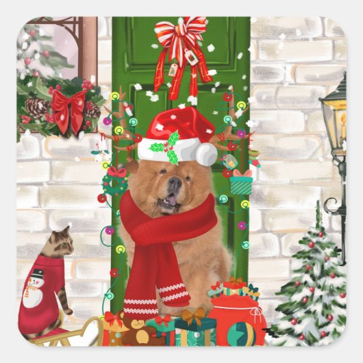 Chow Chow Dog Kerstmis Vierkante Sticker (Voorkant)