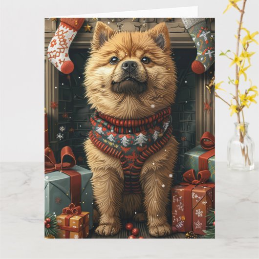 Chow Chow Dog met kerstcadeaus open haard Kaart (Gele Bloem)