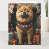 Chow Chow Dog met kerstcadeaus open haard Kaart (Voorkant)