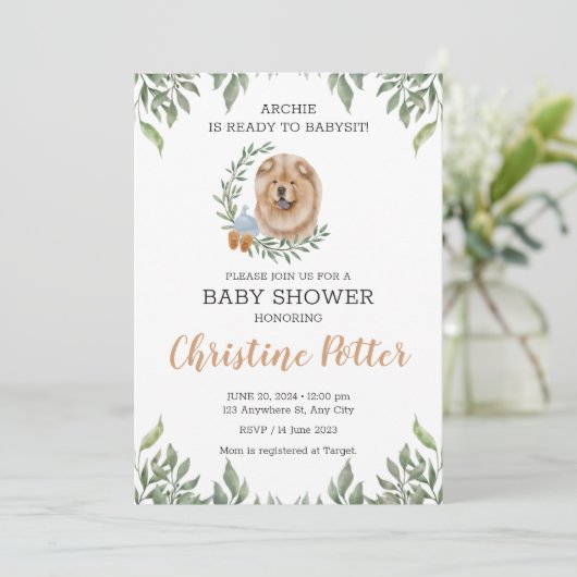 Chow Chow Dog Puppy Greenery Boho Baby shower Kaart (Staand voorkant)