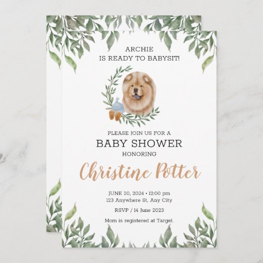 Chow Chow Dog Puppy Greenery Boho Baby shower Kaart (Voorkant / Achterkant)