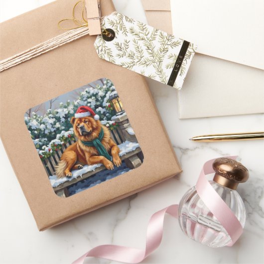 Chow Chow Dog Serene Winter Garden Christmas Art Vierkante Sticker (Geschenken)