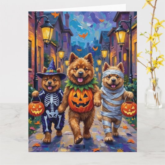 Chow Chow Dogs Trick-or-Treating Halloween Kostuum Kaart (Gele Bloem)