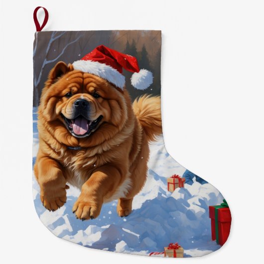 Chow Chow Hardlopen in de sneeuw met kerst Pet Grote Kerstsok (Voorkant)