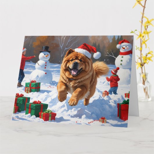 Chow Chow Hardlopen in de sneeuw met kerst Pet Kaart (Gele Bloem)