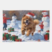Chow Chow Hardlopen in de sneeuw met kerst Pet Theedoek (Horizontaal)