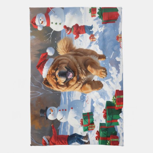 Chow Chow Hardlopen in de sneeuw met kerst Pet Theedoek (Verticaal)