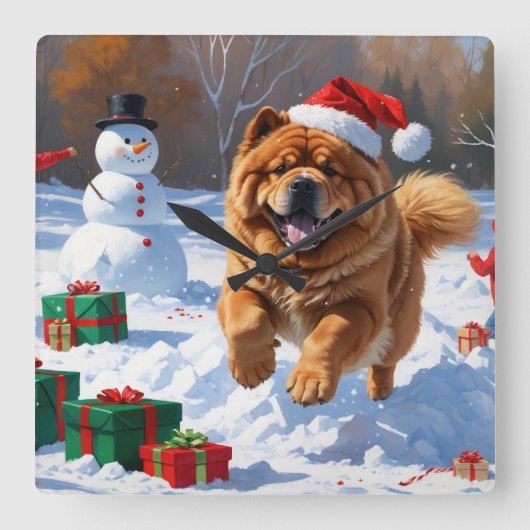 Chow Chow Hardlopen in de sneeuw met kerst Pet Vierkante Klok (Voorkant)