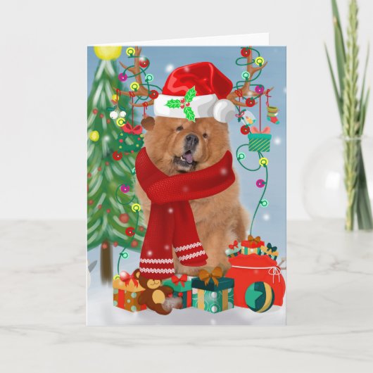 Chow Chow-hond in de sneeuw met kerstcadeaus  Kaart (Voorkant)